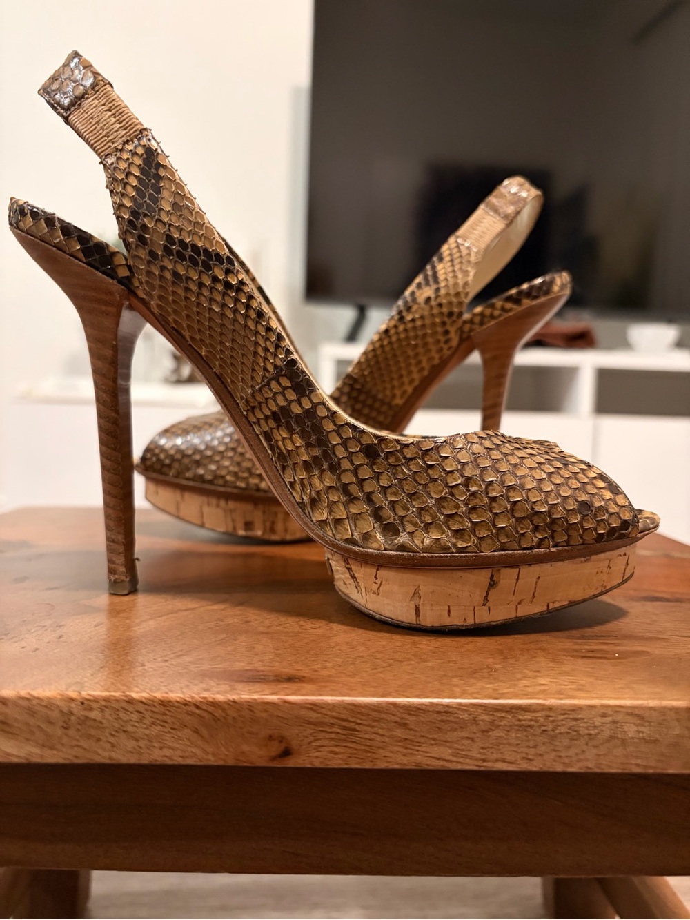 Baldan Snake-Embossed Cork Platform Slingback Heels in Brown